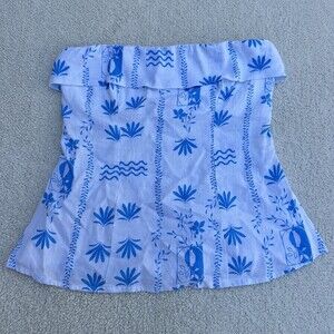 Wild Fable Blue Floral Print Strapless Top Ruffle Rayon Linen XS